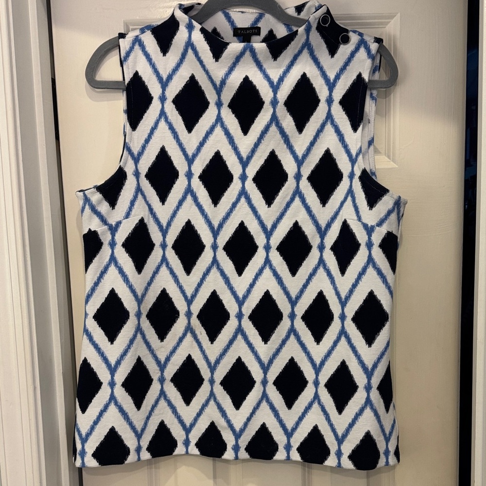 Talbots Sleeveless Top with Navy and Blue Diamond Pattern